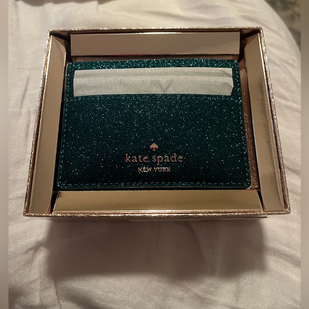 Kate Spade New York Glimmer Glitter Small Slim Card Holder Festive Teal